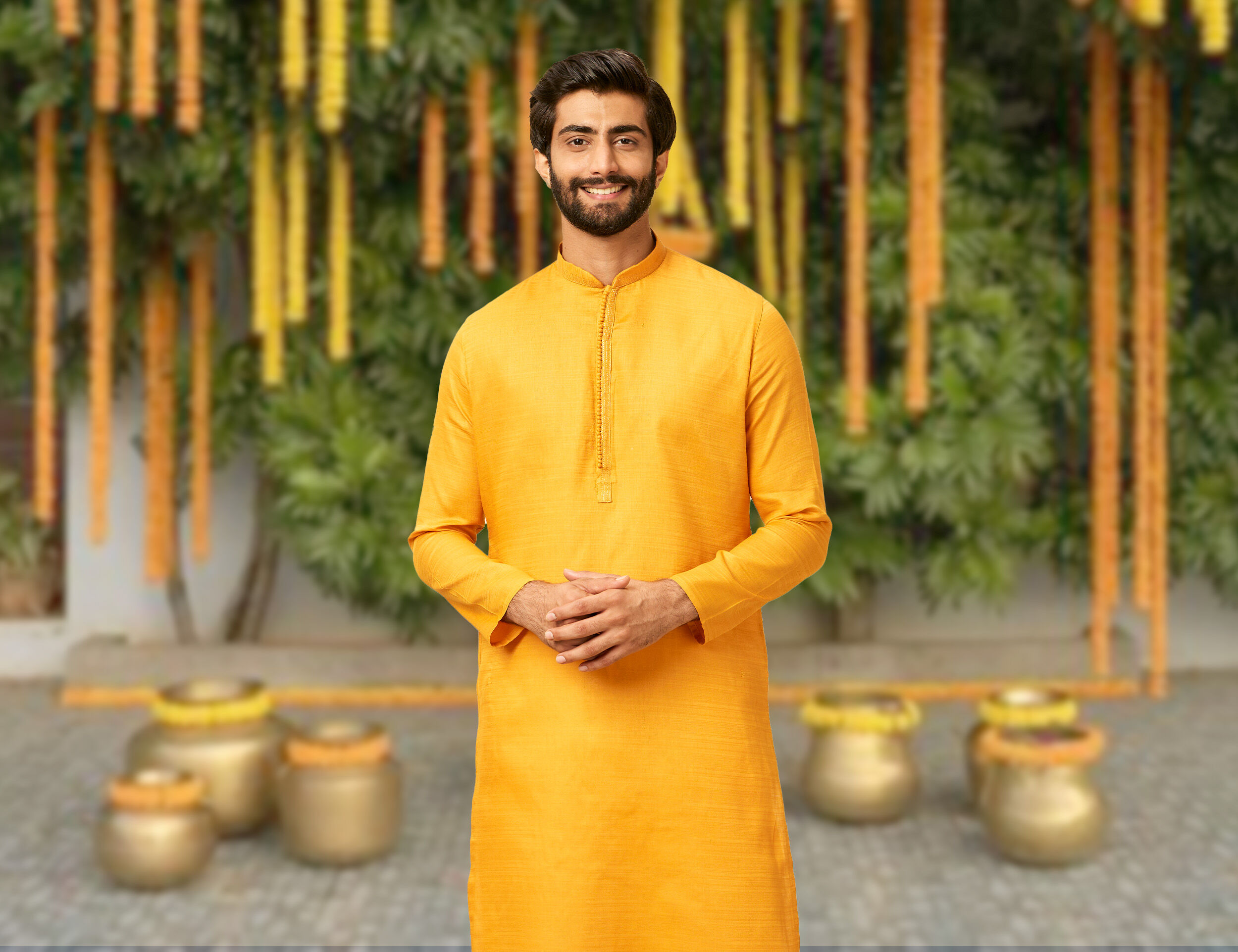 Statement ombre yellow kurta set for handi vceremony from Manyavar